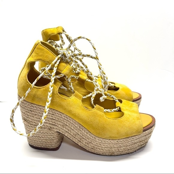Tory Burch Positano Suede Lace-Up Sandals Heels Yellow - Picture 1 of 7